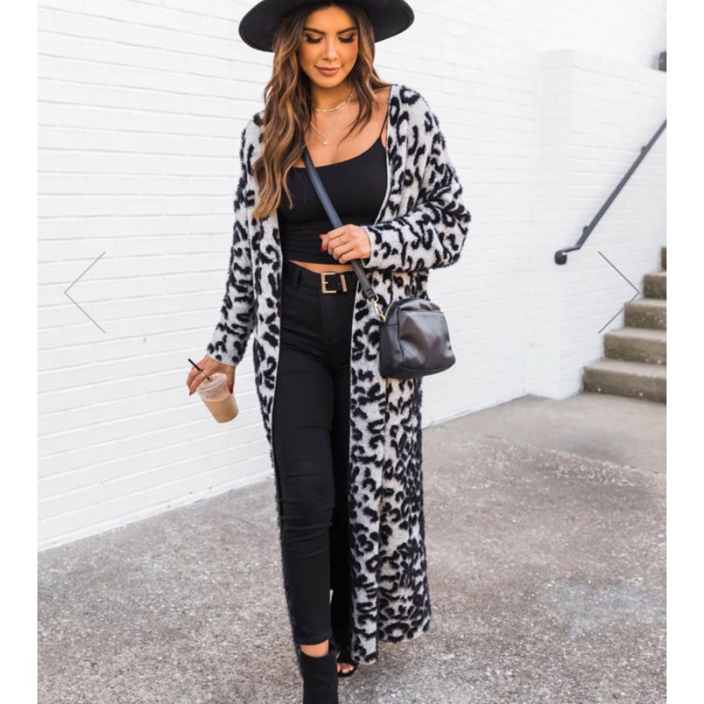 Pink Lily Gray fuzzy leopard long cardigan